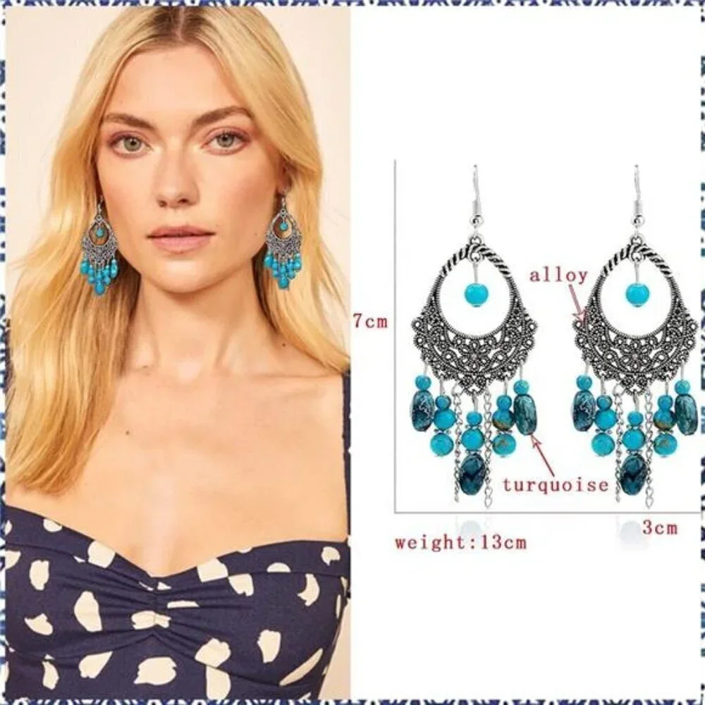 Bohemian Turquoise Necklace Earrings Bracelet Set-Western Jewelry set-